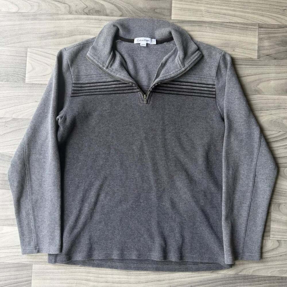 Calvin Klein Quarter-Zip Sweater Size S Gray Striped Mock Neck